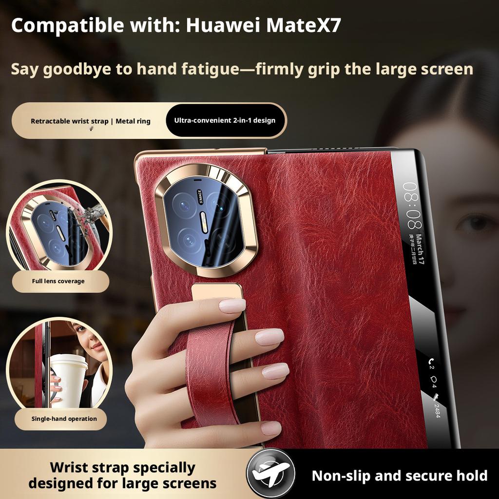 Wristband Ring Case For Huawei Mate X7 X6 X5 Premium Luxury Genuine Leather Magnetic Flip Smart Window Full Protection Cover