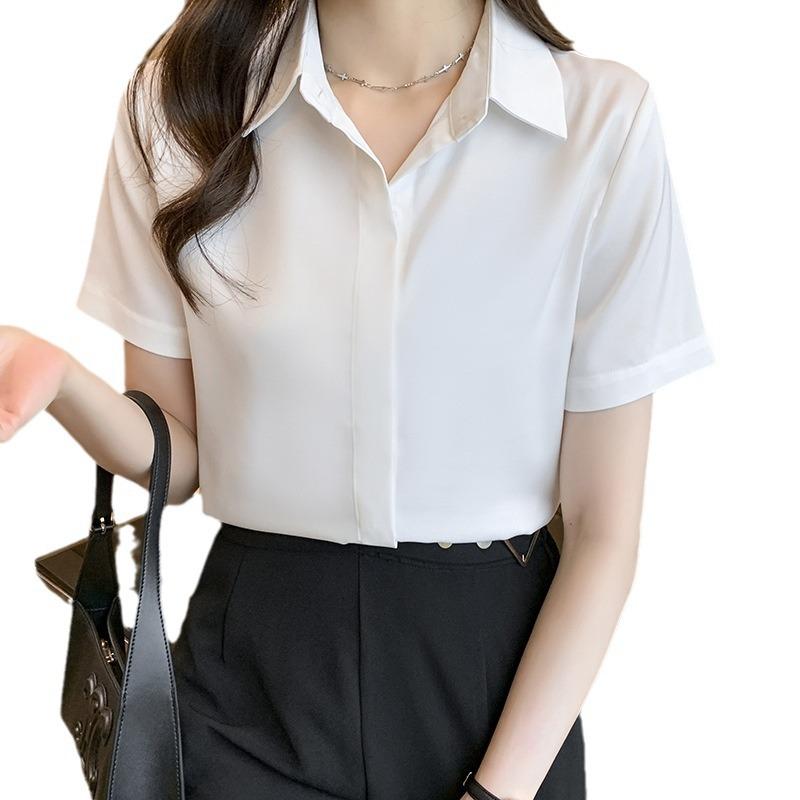 Chiffon Shirt for Women Summer Temperament Professional Shirt Polo Collar Short-sleeved Formal Shoulder Blouse