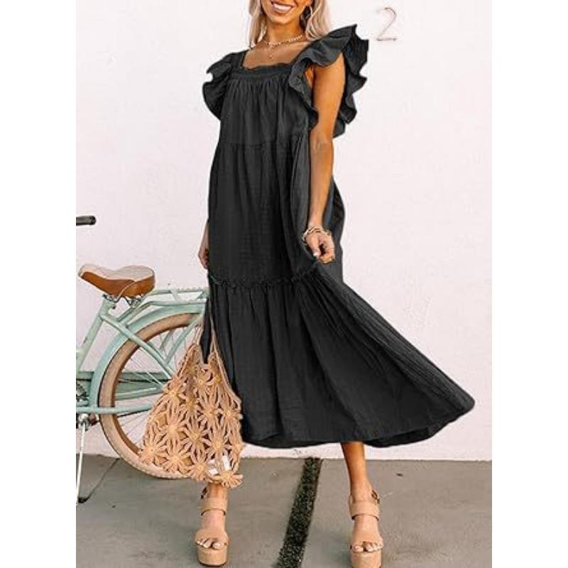Summer Women's Dress Square Neck Short Sleeve Strapless Pleated Hem Dresses