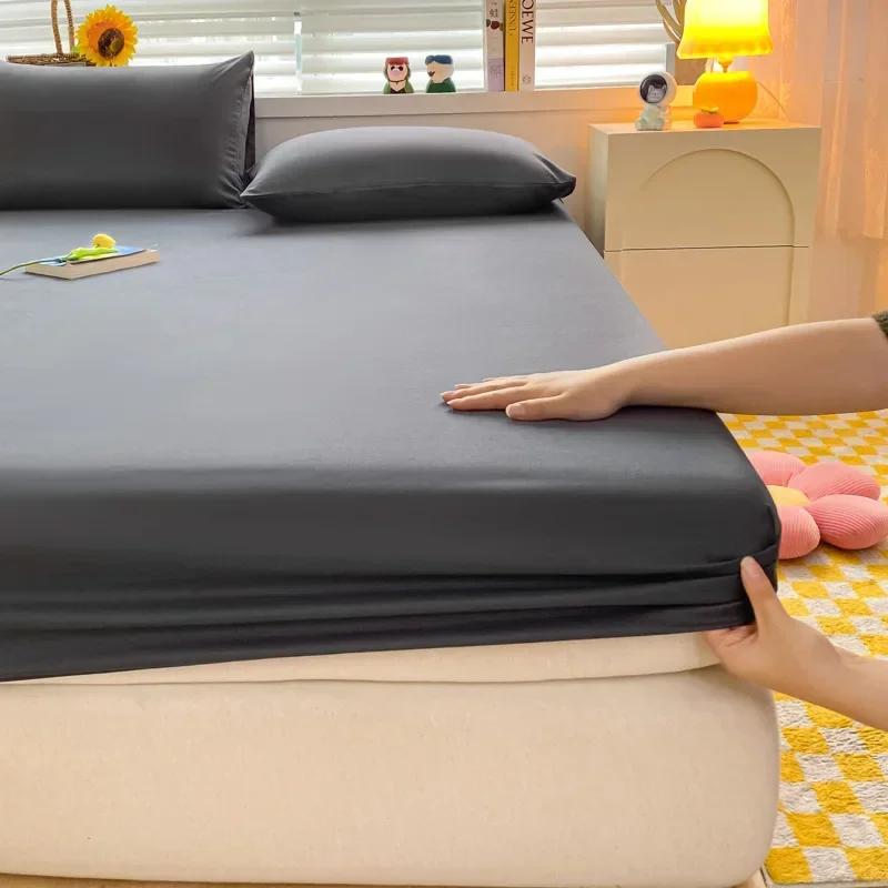Soft Cotton Fitted Bed Sheet with Elastic Band Solid Color Mattress Cover for Single Double King Queen Bed 140/150/160/180/200