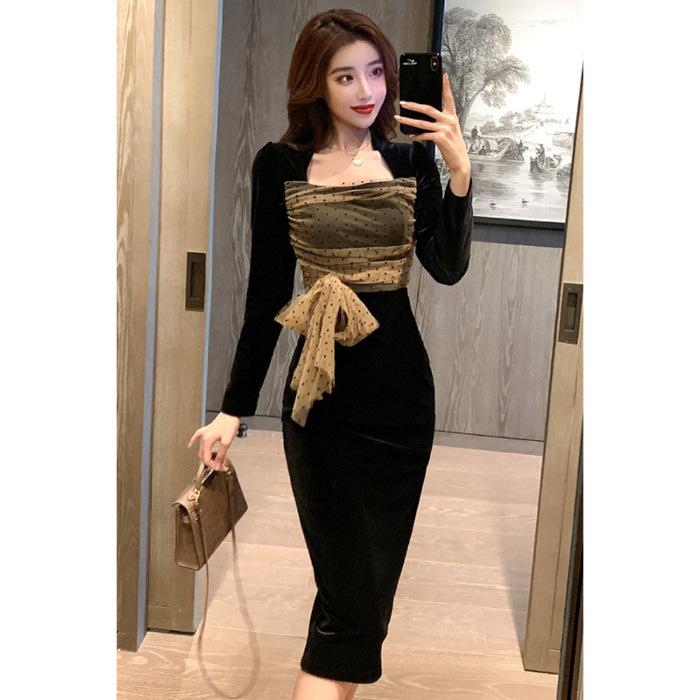 

New Golden Velvet Premium Temperament French Mesh Splicing Bottom Slim Hip Wrap Dress S