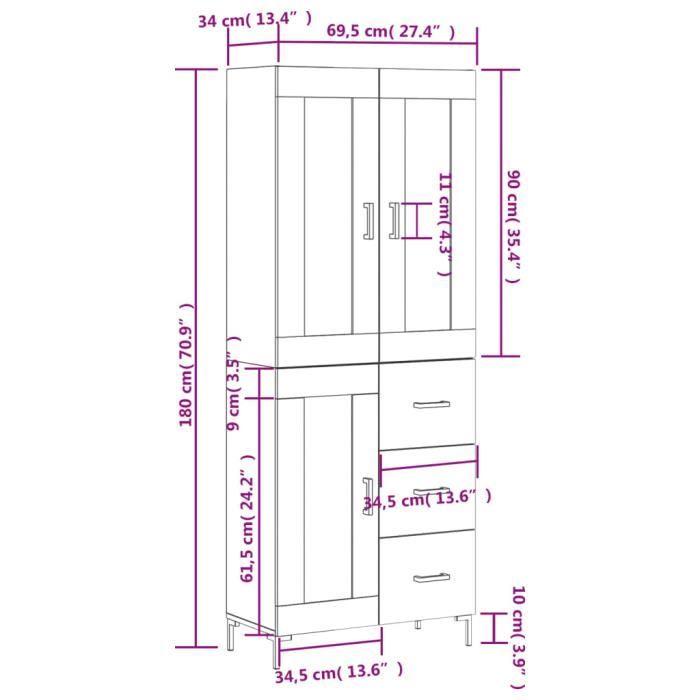 VidaXL Buffet haut Gris béton 69,5x34x180 cm Bois d'ingénierie 3198597