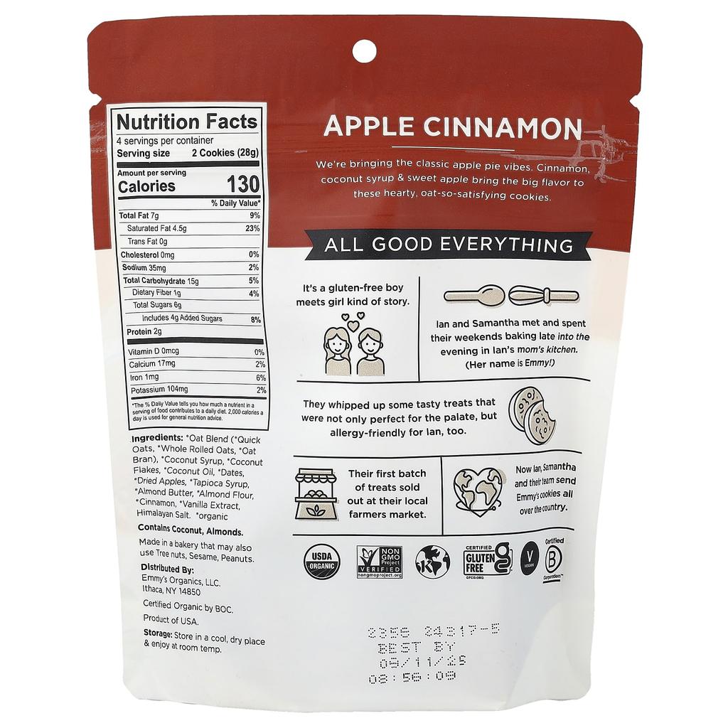 Emmy's Organic Cookies, Trail Cookies, Soft Baked Oat Treats, Apple Cinnamon, 4 Oz (113 G)
