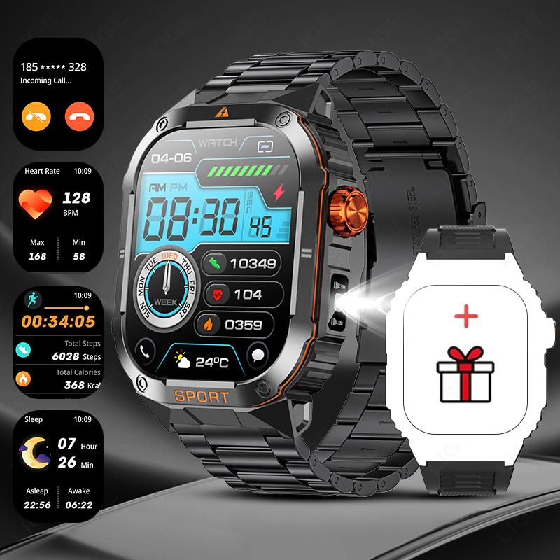 Military Flashlight Smart Watch Waterproof Heart Rate Fitness Sports Call Reminder Smartwatch For IOS Android Phone