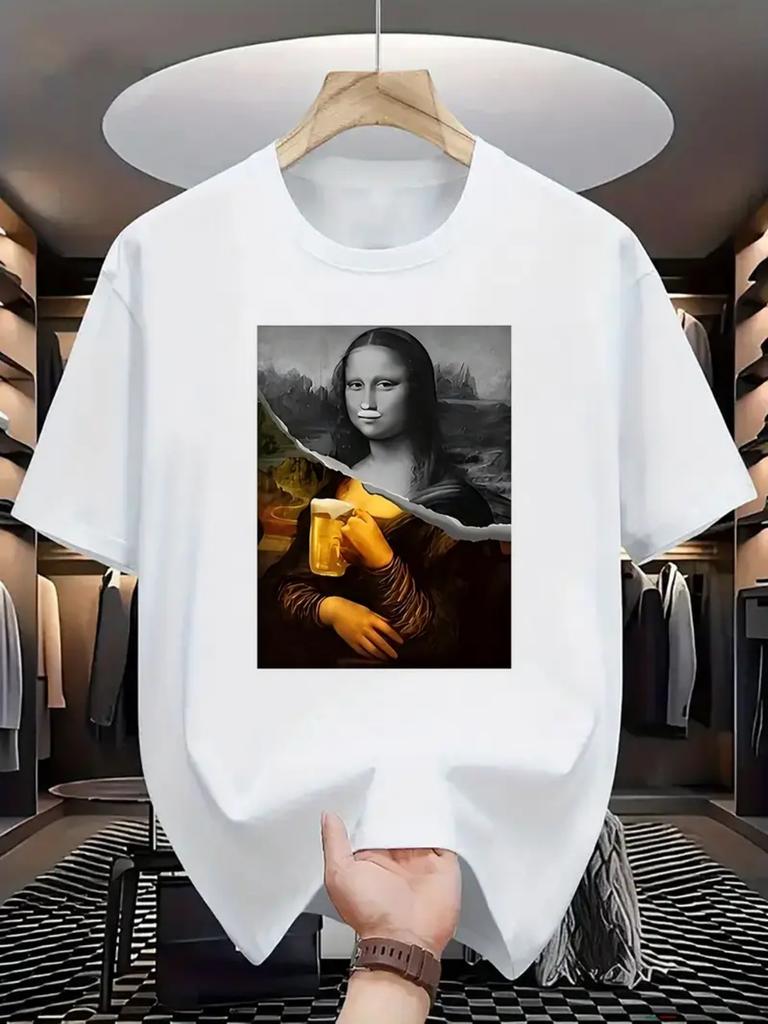 Maglietta Grafica Divertente da Uomo con Pittura di Birra della Gioconda Nera Casual Estiva per Tutti i Giorni Abbigliamento da Festa Lavabile in Lavatrice
