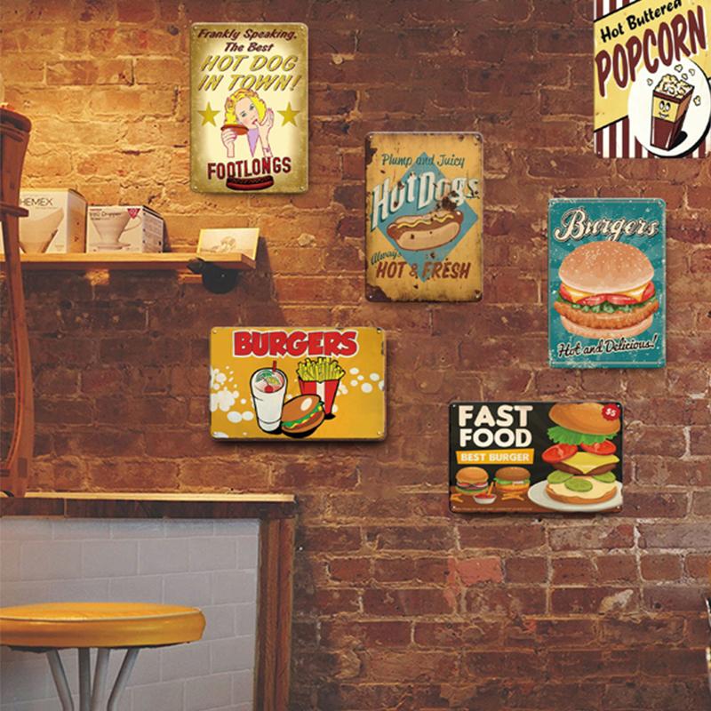 Hot Dog Fresh Hamburgers Metal Tin Signs BBQ Vintage Posters Home Kitchen Wall Decor Iron Plate Painting Fast Food Shop Plaques