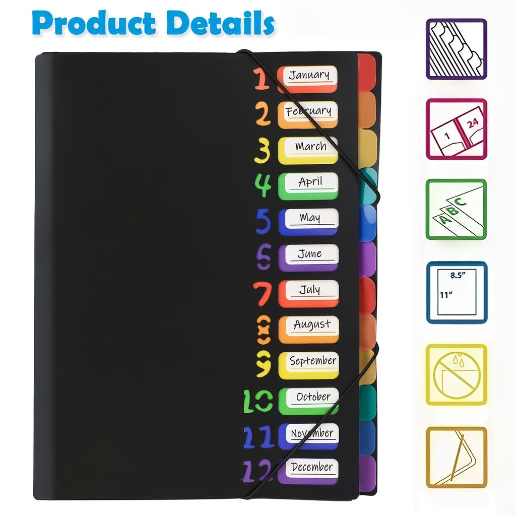 1pc Colorful Label A4 Folder with Monthly Dividers - Document Organizer, suitable for schools, offices and homes - Color-coded
