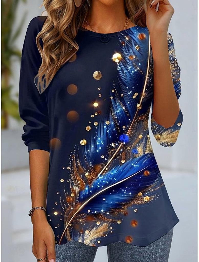 Women's long sleeve Polyester T-shirt 3D Print Christmas Theme snowflake Graphics Casual Loose Fit Crew Neck Long Sleeve Tops