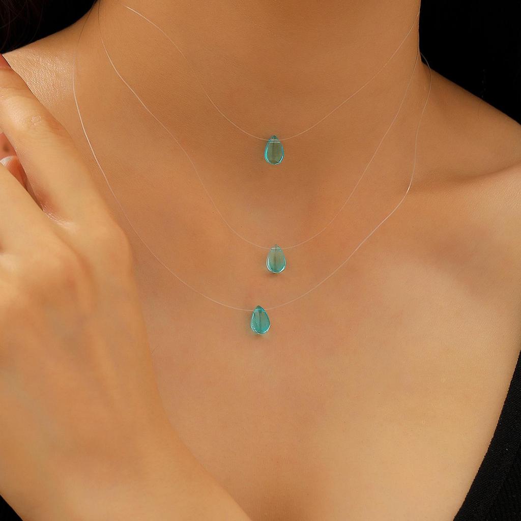 Colar de Linha de Pesca Invisível de Vidro Gota d'Água da Moda Transfronteiriço para Mulheres - Simples, Moderno, Empilhável Corrente de Clavícula Multicamadas