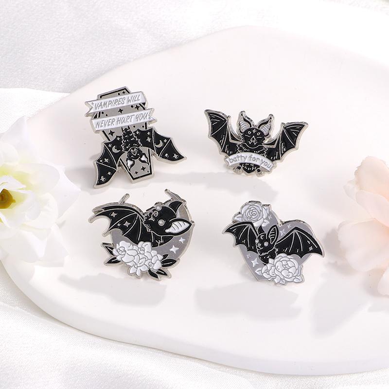 4 Styles Punk Dark Night Bat Theme Enamel Brooches With Flower Moon Heart Coffin Shaped Batty For You Darkness Lapel Pins