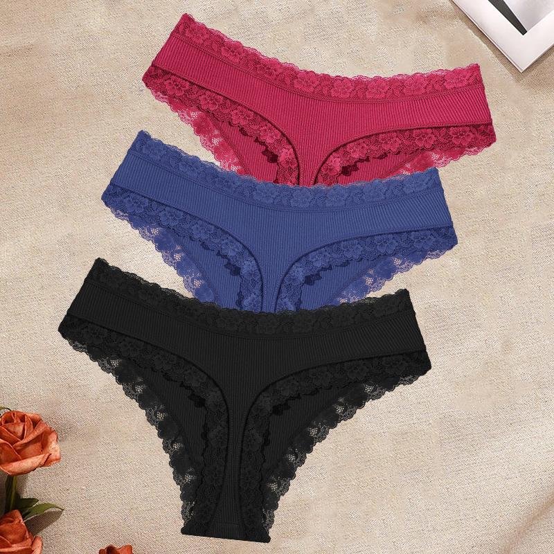 FINETOO 3Pcs/Set Women's Cotton Lace Thongs Underwear Seamless Low Waist Ribbed Breathable Panties Female Soft Comfortable Sexy Lingerie
