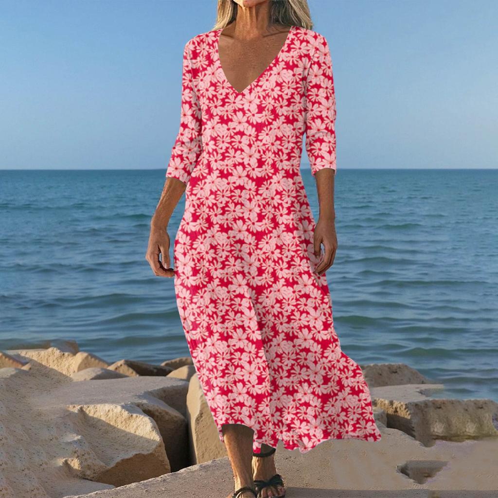 Kleider für Damen Vintage Print Tunika Tailliertes Midi-Kleid Sommer Casual 3/4 Ärmel Kleid