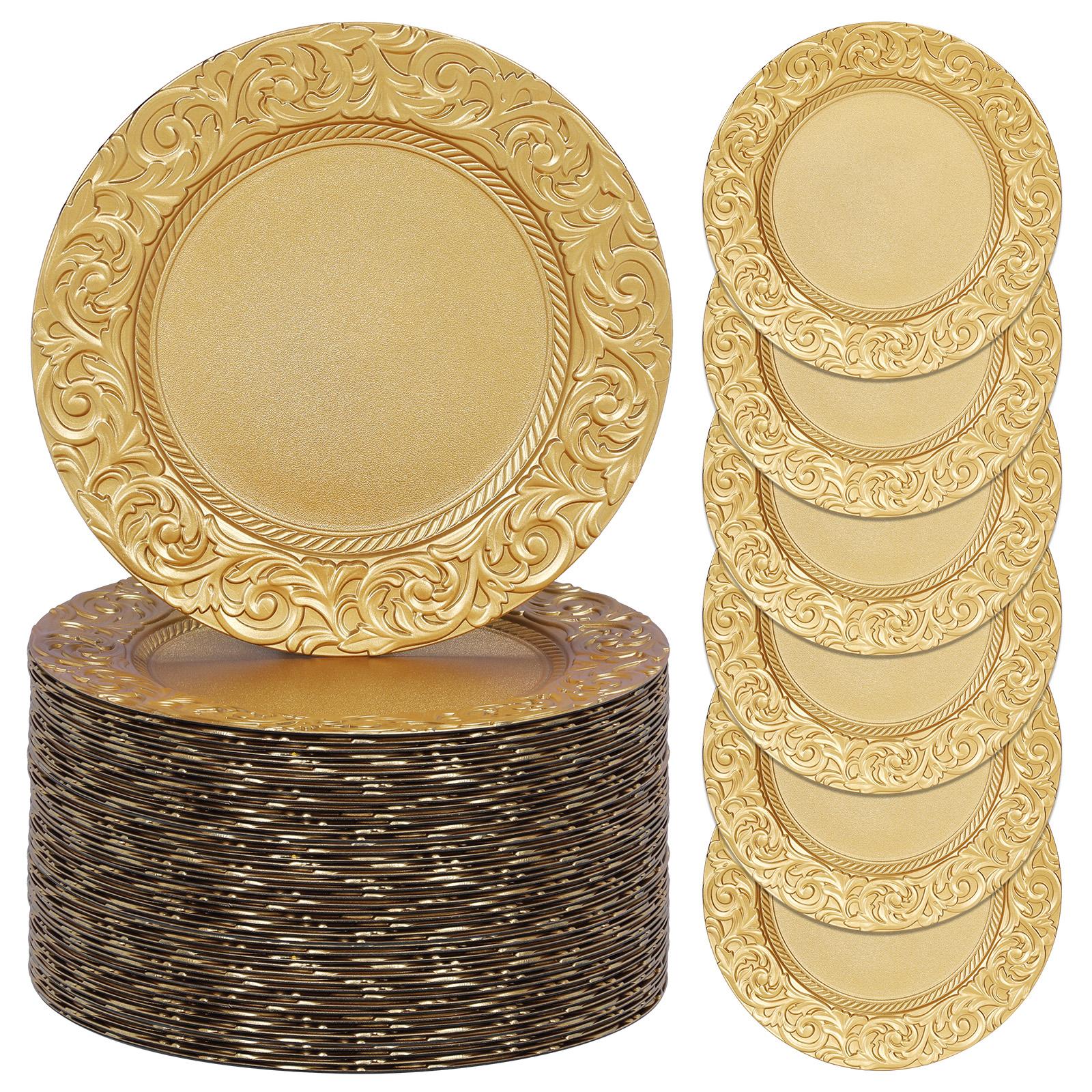 

100PCS 13in Antique Gold Decorative Plates Round Plastic Plate with Embossed Rim for Wedding Dinner Party Catering Table Setting