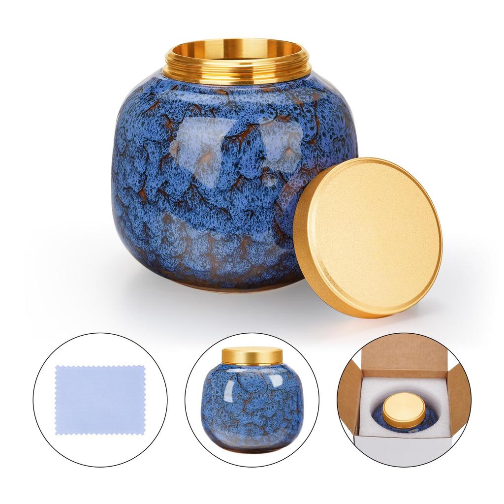 Mini Urn, Memorial Urn, Screw-Mounted, Ceramic Urn for Keeping Ashes, Pet Urn for Dogs and Cats, Large Capacity, Waterproof, Blue