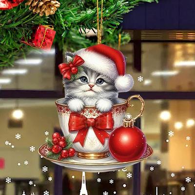 Acrylic Teacup Cat Hanging Ornaments Cute Cartoon Cat Christmas Ornament 2D Flat Car Mirror Charm for Christmas Tree Decoration