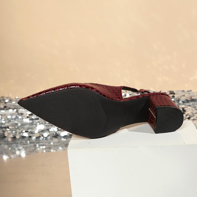 New Plus-size European and American Style Pointed Toe Stiletto High-heeled Sandals for Women with Crocodile Pattern and Back Strap.