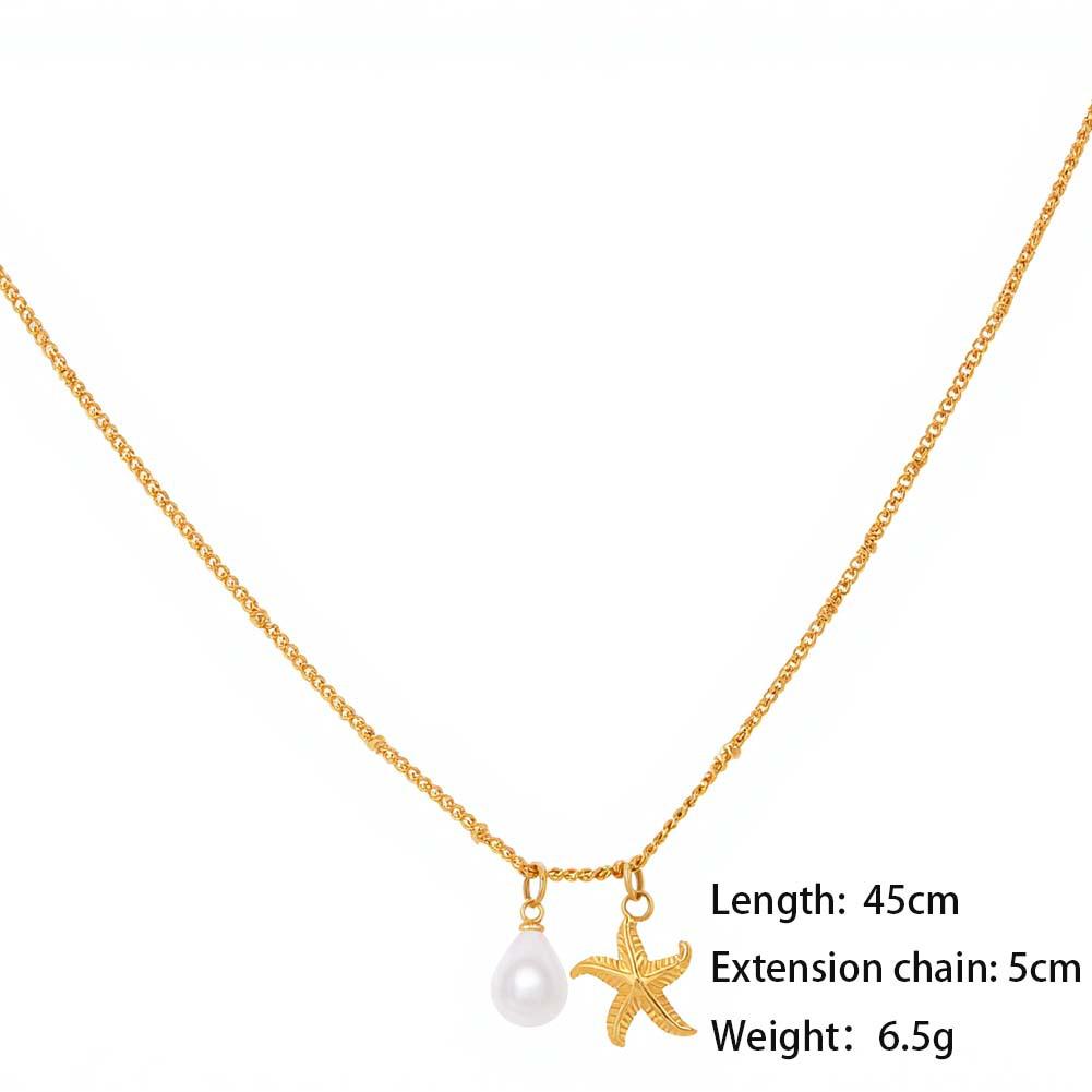 18K Gold Titanium Steel Ocean Style Pearl Pendant Necklace 18K Gold (Vacuum Plated)