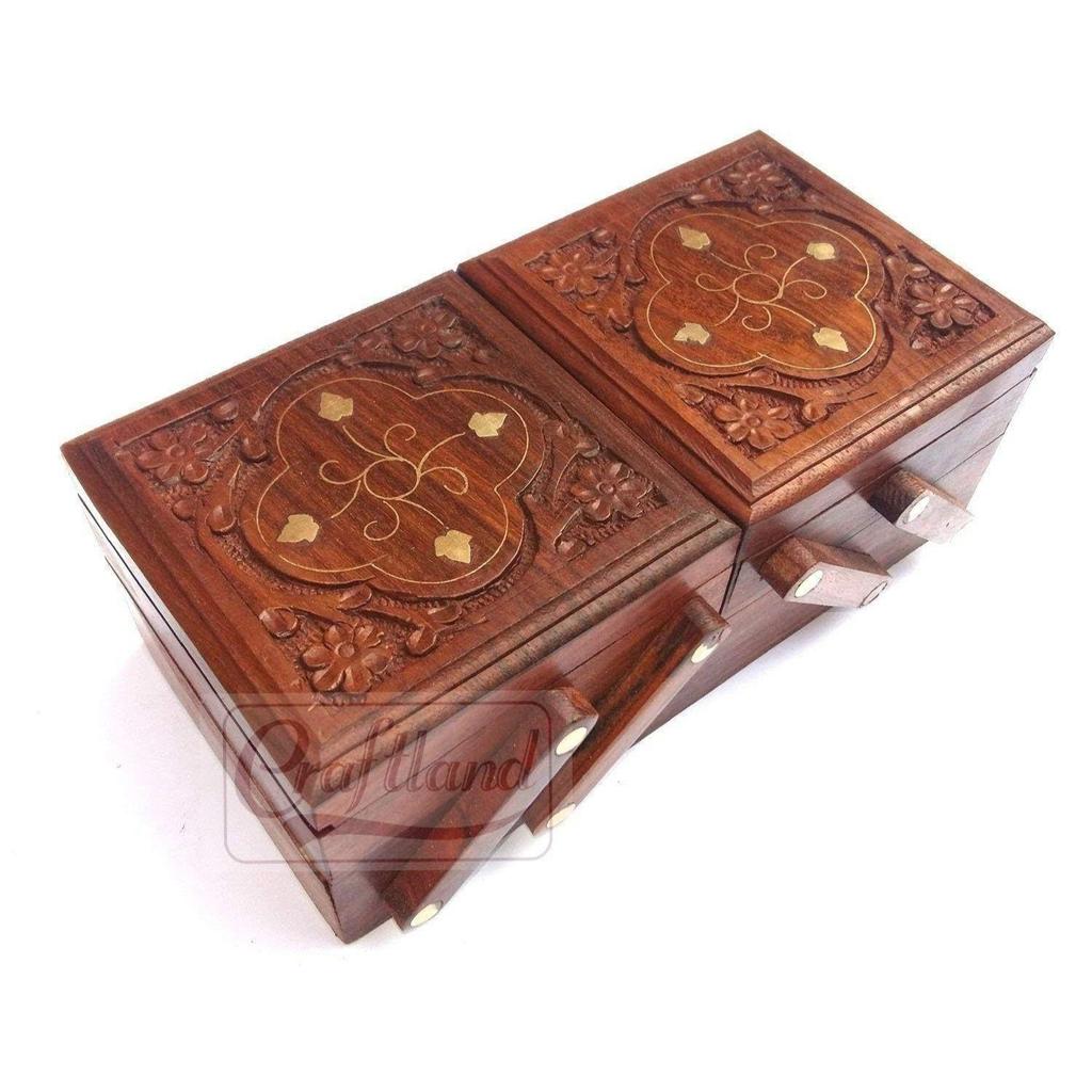 Wooden Jewellery Box (Brass n Carving) for Women/girls Flip Flap Handmade Gift, 8 Inches …