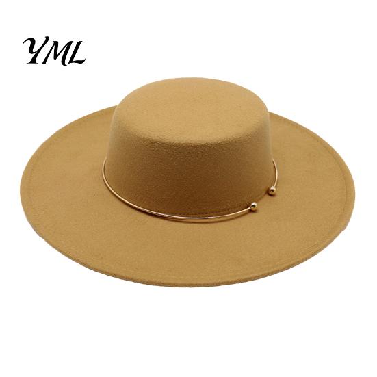 Classic Wide Brim Hat Retro Flat Top Hat, Wool Felt Pork Pie Bowler with Vintage Style Fedora Metal Ring, Trilby for Women Men Autumn Winter