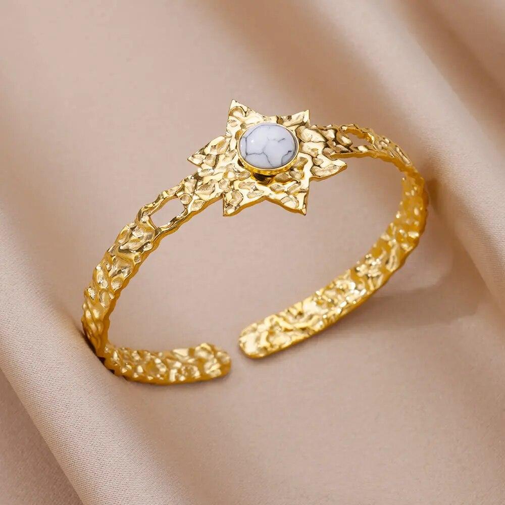 Artificial Green Stone Stainless Steel Cuff Bracelet for Women Gold Color Bangle Bracelets Female Vintage Jewelry Accessories