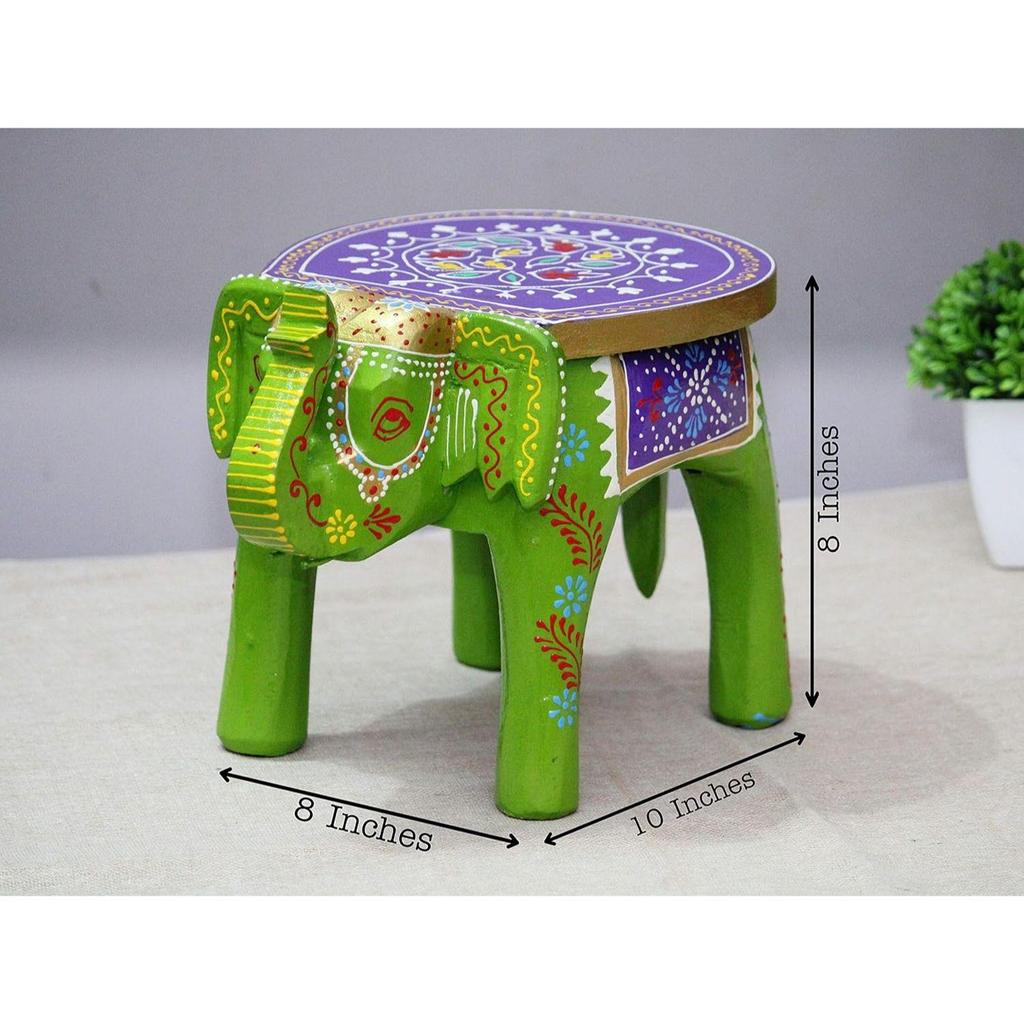 Handcrafted and Emboss Painted Colorful Wooden Elephant Stool/Side Table for Home/Office/Living or Bedroom Decor (Green)