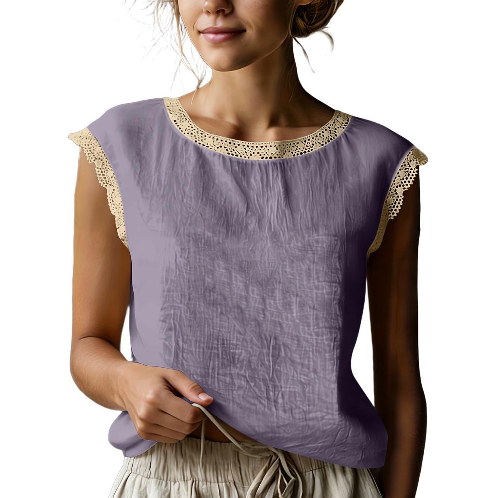 Haut d'été sans manches en lin pour femme, style rétro ample, patchwork de dentelle de couleur, col rond