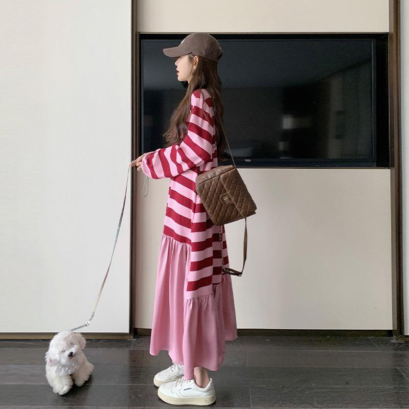 

Розовое полосатое лоскутное платье-свитшот для беременных – Миди 2024 Осень Ретро Свободный Колледж Стиль L розовый