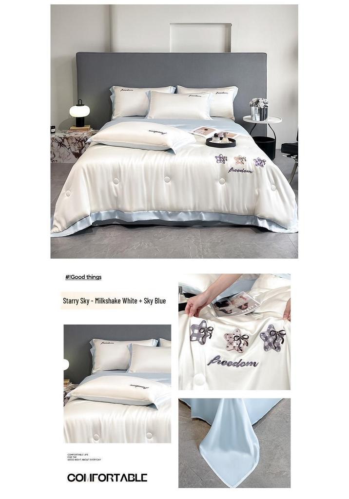 Class A Ice Silk Water Washable Summer Quilt Set - Naked Sleep Embroidery, Thin Blanket, Air Conditioning Quilt, Four-Piece Gift.