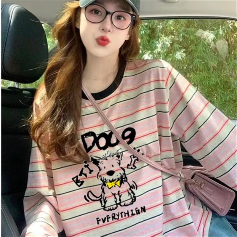 

Женские футболки оверсайз с графическим принтом в полоску в корейском стиле, топы, модные футболки с длинным рукавом для девочек 2XL зелёный