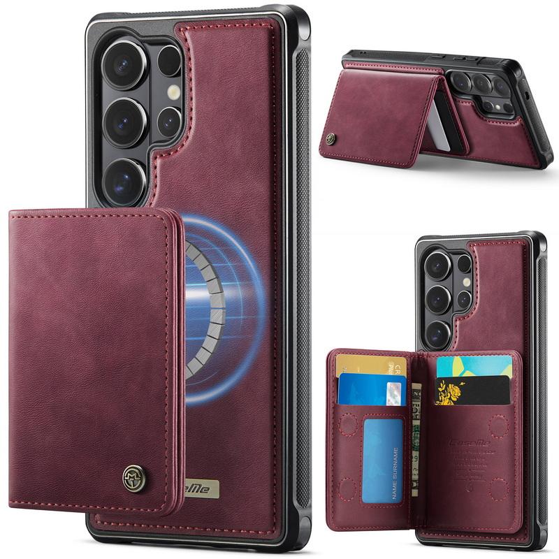 

S26 Ultra Case Luxury Removable Card Bag Magnetic Leather Card Holder Stand Cover For Samsung Galaxy S25 Edge S24 FE S23 S22 Plus A54 A55 A56 A57 5G For Samsung A53 вина червоного кольору