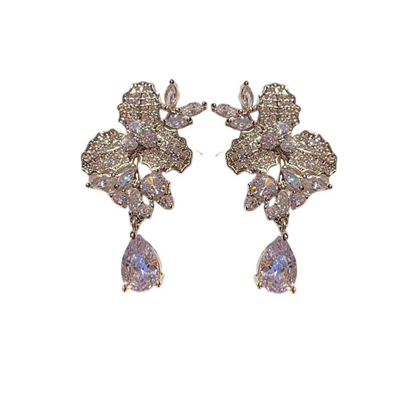 Silver Needle Zircon Water Drop Flower Earrings For Women Stylish Office Jewelry