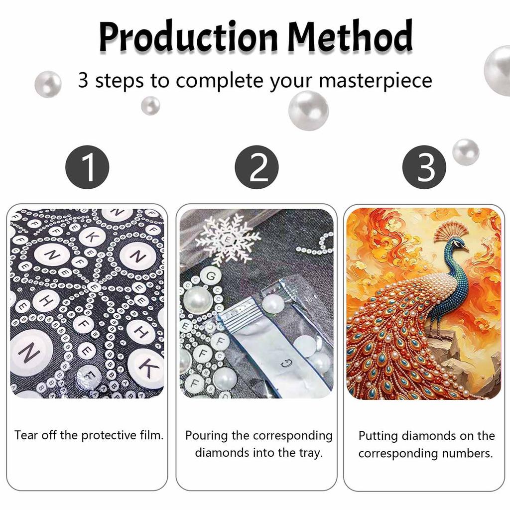 This Pearl Painting Kit Features 5D Pearls and a Peacock Mosaic Art Style. Designed for Elegant Home Wall Decoration.