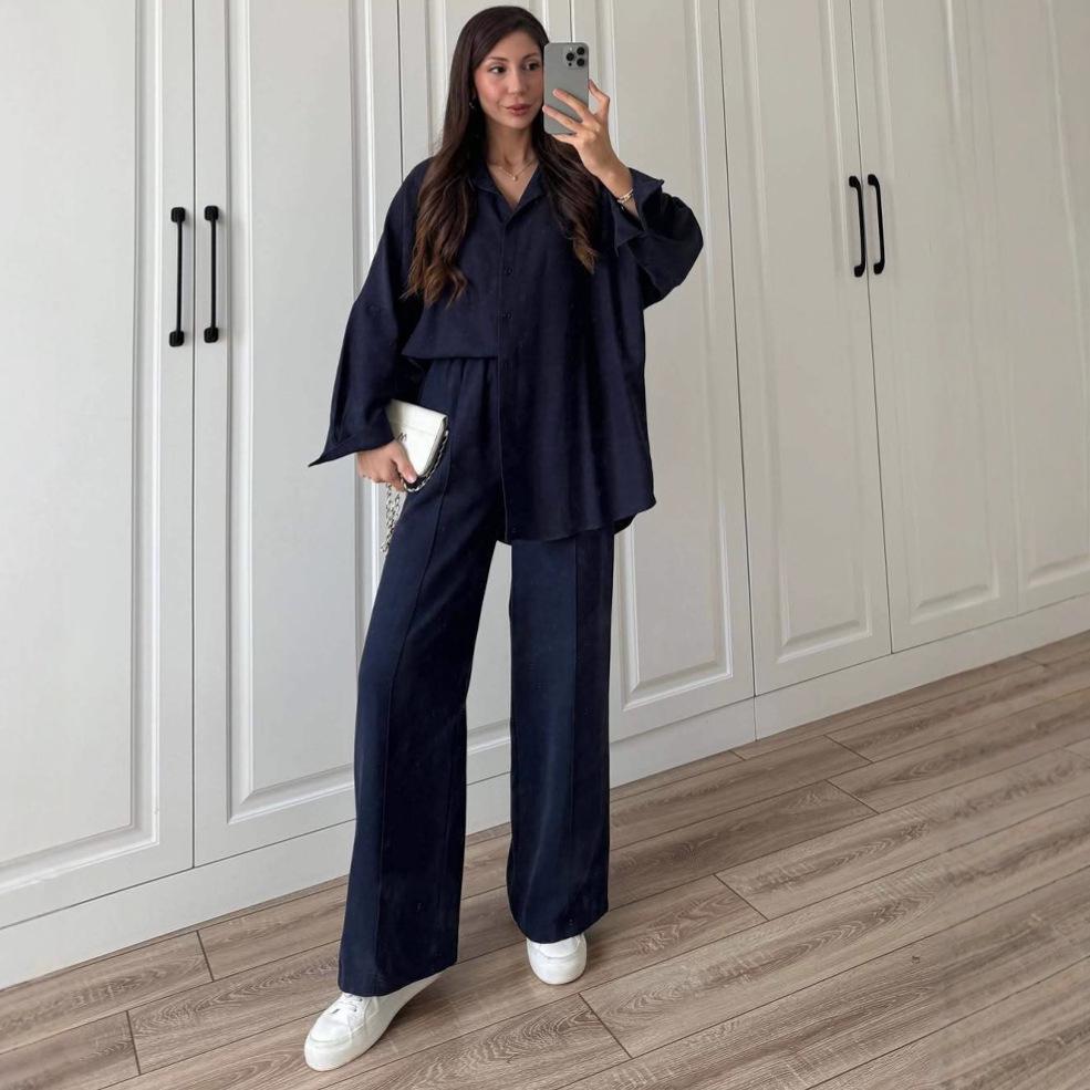 2025 Summer Slimming Short-Sleeve Button Top & Wide-Leg Pants Set