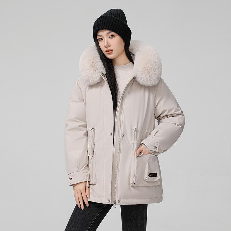 

Women s hair collar hooded windproof lightweight thickened fluffy warm warm cold medium-length casual sports jacket Parka cotton jacket M