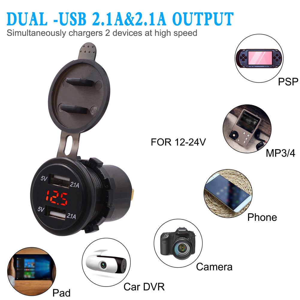 Waterproof Dual USB Phone Charging 4.2A Charger LED Digital Display Voltmeter with 23.6in LineRed DC12 24V