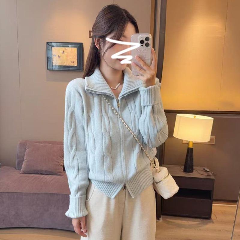 Autumn and winter thickened lazy style short knitted jacket turtleneck twist double zipper cardigan sweater women