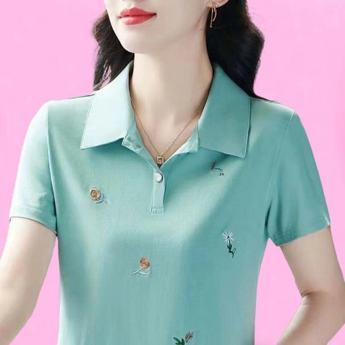 Latest Short-sleeved Women's Summer Temperament Versatile Polo Loose and Fashionable Lapel Shirt Printed Top T-shirt