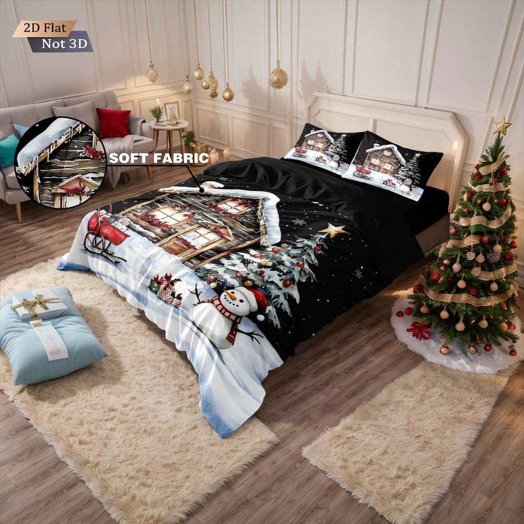 3pcs Christmas cottage print coreless duvet set multi size bedroom bedding holiday decoration soft  machine washable