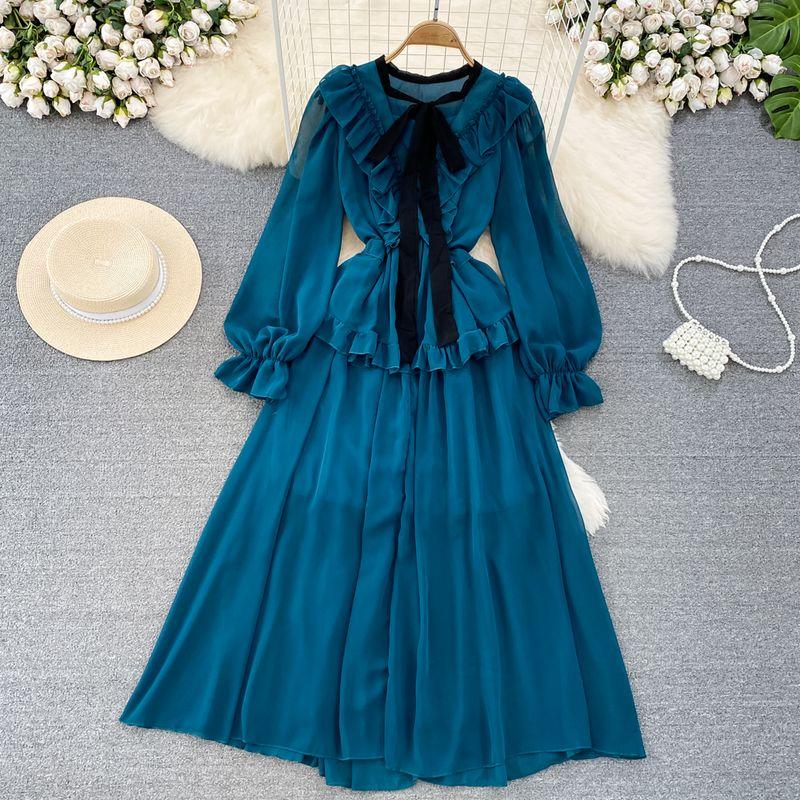 

Retro Long Sleeves Chiffon Dress Elegance Bows Dark blue All yards