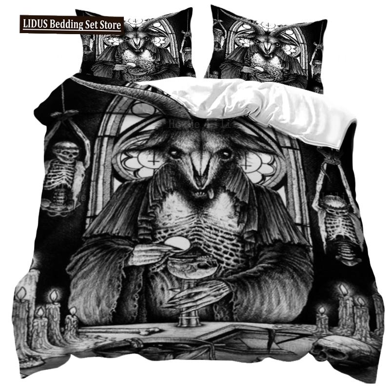 Dark Satanic Duvet Cover Set Satan Goat Inverted Pentagram Skull Bedding Set Full King Size Bed Set Bedroom Comforter Cover Set