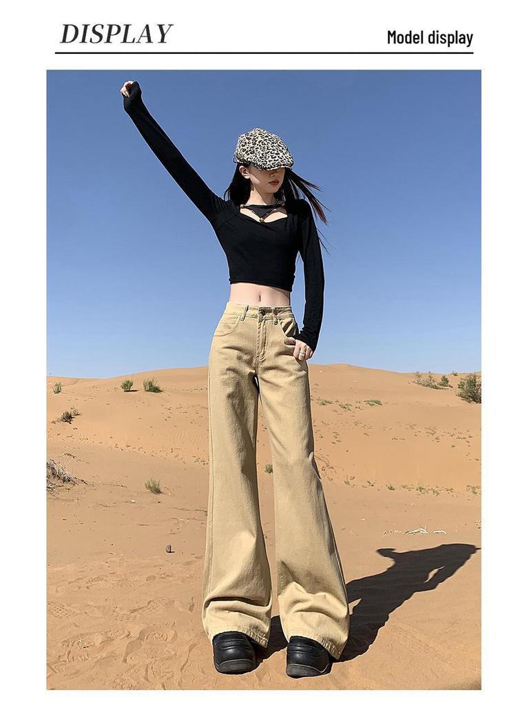 Damen Herbst 2025 Khaki Micro Flare Jeans - Mittelhoher bis niedriger Bund, Lockere Passform, Fließend & Schlankmachend