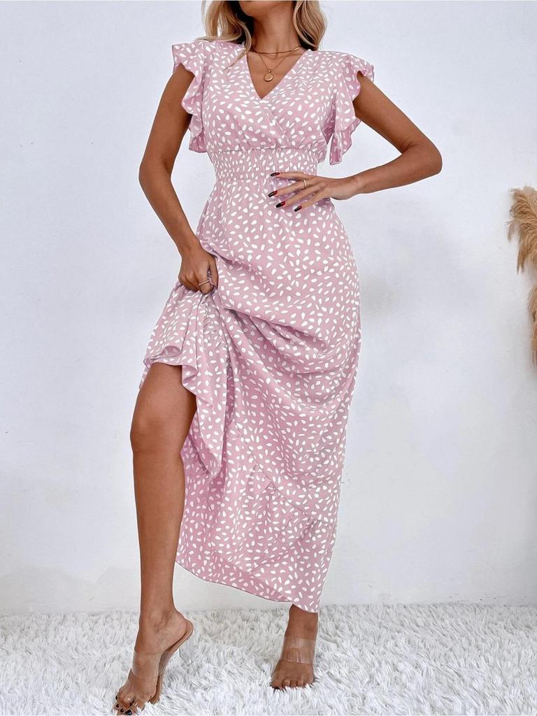 V-Ausschnitt Bedrucktes Kleid Taillenbetont Langer Rock mit Rüschenkante Elegantes Kleid für Damen Ärmellos Lockere Kleider Freizeitkleid