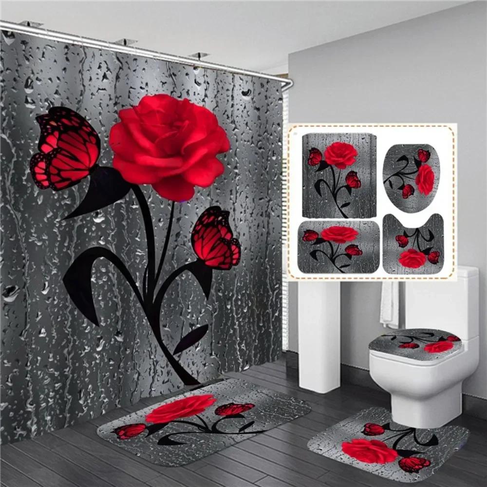 4Pcs Waterproof Shower Curtain Set Bathroom Curtain with Entrance Doormat Toilet Seat Cover Rug Anti-Slip Floor Mat Bath Decor
