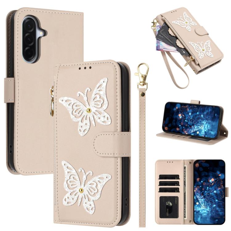 Glitzer Schmetterling Reißverschluss Veganes Leder Handyhülle Für Galaxy A07 4G / A06 5G / A06 4G, Kartenhalter Handgelenkschlaufe Stoßfeste Hülle
