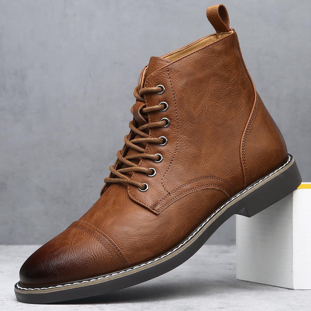 Autumn High-top Men's Lace-up Leather Boots Fashion Casual Lace New Designer Shoes Male Solid Color Ankle Boots Man