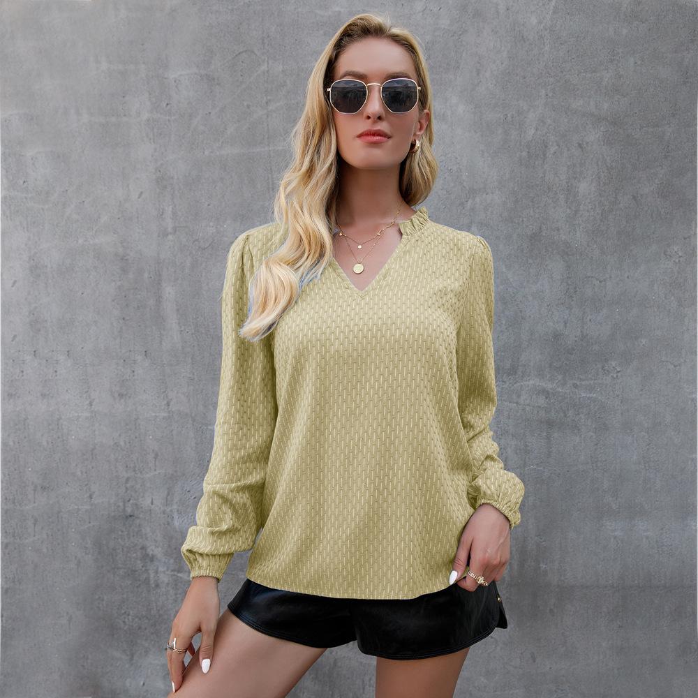 Sexy V-Ausschnitt Elastische Puffärmel Rüschenhals Schlanke Bluse