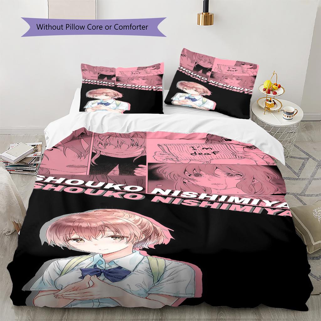 A Silent Voice Pattern Bedding,Quilt Set Quilt Cover Pillowcase Home Birthday Gift (1 * Duvet Cover + 2 * Pillowcase, Without Core)