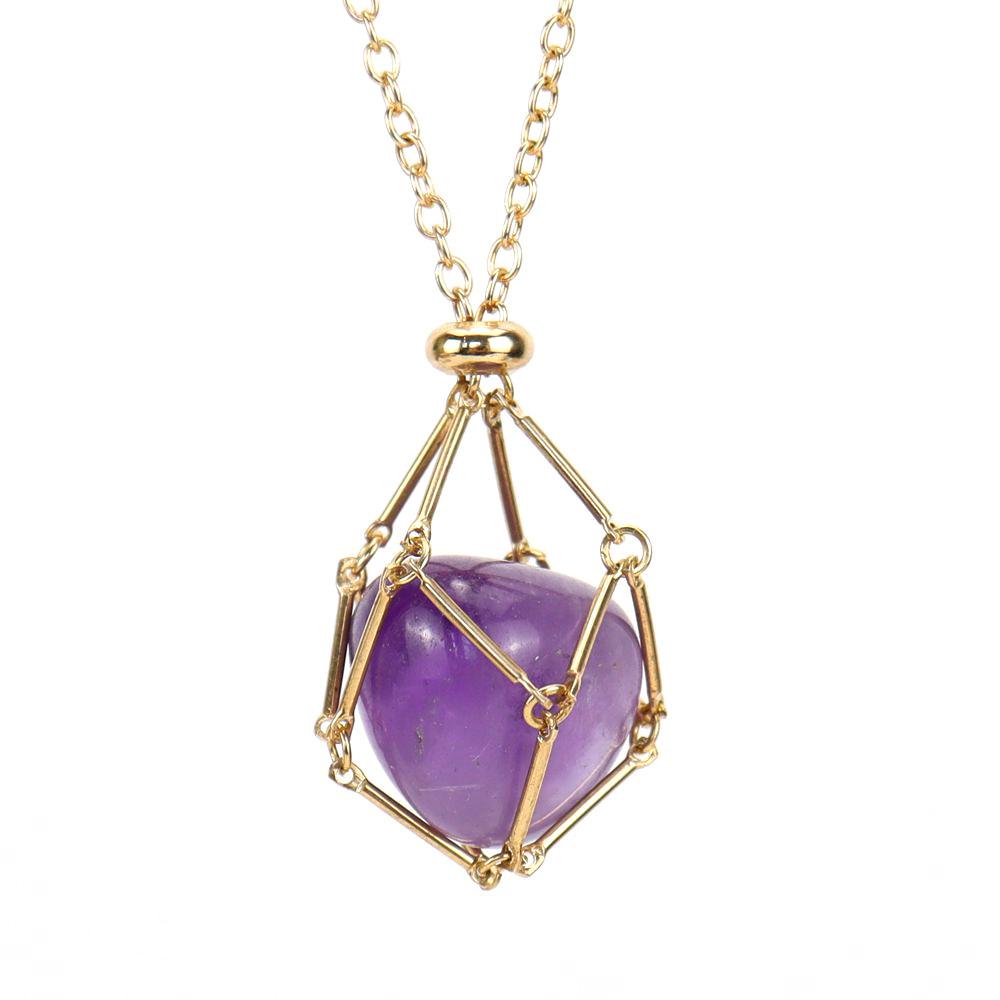 Crystal Rough Stone Handmade Adjustable Stainless Steel Metal Bamboo Mesh Pocket Necklace Woven Pendant N683