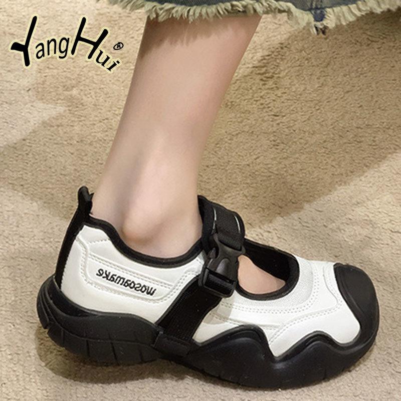 Casual Round Head Mid Heel Thick Bottom Mary Jane Women Shoes 2024 New Fashion Simple Hollow Out Large Size Shoes Summer