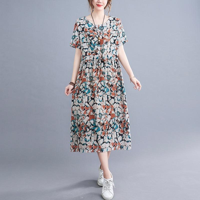 

Літня новинка 2025 року ретро-принт міді-сукня жіноча приталена з круглим вирізом та коротким рукавом бавовняна сукня Large size M помаранчевий